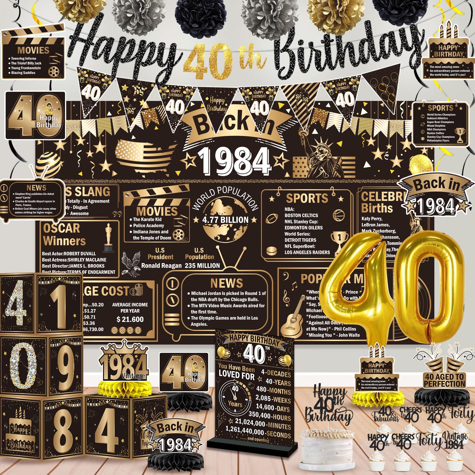 40th Birthday Decorations for Men 47Pcs 40 Birthday Banner Happy 40th Birthday Decorations 1984 Birthday Decorations with Back in 1984 Banner 40 Balloons 1984 Card Boxes Cake Topper Poms