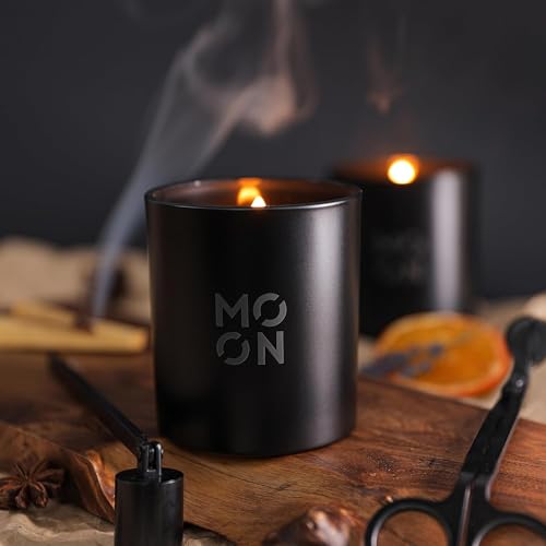 Scented Candles for Men&Women by Moon Candles | Wood Wick Candles That Crackle | Soy Candles Non Toxic | Bourbon Candle Scents | Black Candles|Bourbon Wood & Musk Aesthetic Candle |