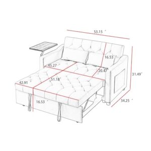 Eafurn 3 in 1 Convertible Sleeper Sofa Bed, Velvet Pull Out Couch Bed with Adjustable Backrest, Rotatable Side Table & 2 Side Pockets, Futon Loveseat Lounge Sofá for Living Room Apartment Office