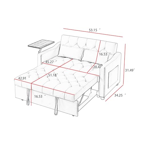 Eafurn 3 in 1 Convertible Sleeper Sofa Bed, Velvet Pull Out Couch Bed with Adjustable Backrest, Rotatable Side Table & 2 Side Pockets, Futon Loveseat Lounge Sofá for Living Room Apartment Office