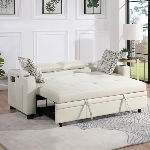 ERYE 3 in 1 Queen Size Upholstered Loveseat Sofabed Modern Functional Convertible Sleeper Sofa Bed with Pull Out Sleep Couch Daybed, Cupholders, USB Charging Ports,4 Pillows for Living Room