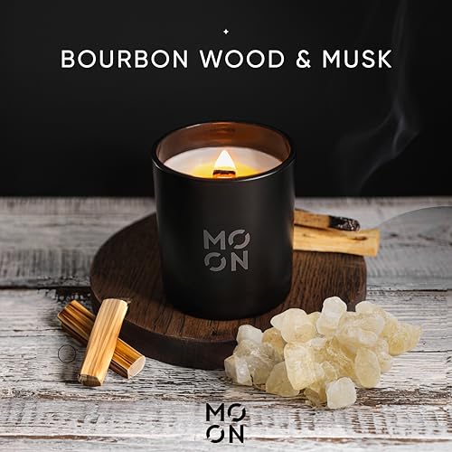 Scented Candles for Men&Women by Moon Candles | Wood Wick Candles That Crackle | Soy Candles Non Toxic | Bourbon Candle Scents | Black Candles|Bourbon Wood & Musk Aesthetic Candle |