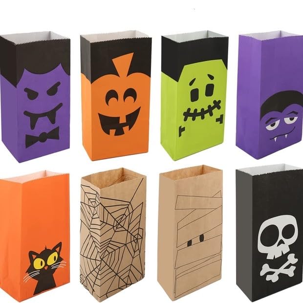 Tort-Mangou 40 Pcs Halloween Candy Treat Bags with 40 Halloween Theme Stickers Halloween Paper Favor Bags Halloween Paper Candy Goody Bags Trick or Treat Bags for Kids Mini Paper Gift Bags for Treats Snacks, Halloween Goodie Bags Party Supplies (Multicolo