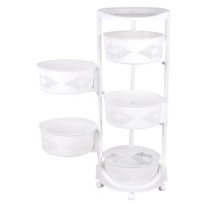 QIUTMER Rotating Storage Rack 5 Tiers Round Rotating Fruit and Vegetable Basket Kitchen Storage Rack with Universal Wheels White for Living Room Kitchen Laundry Room Craft Room Bathroom