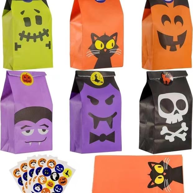 Tort-Mangou 40 Pcs Halloween Candy Treat Bags with 40 Halloween Theme Stickers Halloween Paper Favor Bags Halloween Paper Candy Goody Bags Trick or Treat Bags for Kids Mini Paper Gift Bags for Treats Snacks, Halloween Goodie Bags Party Supplies (Multicolo