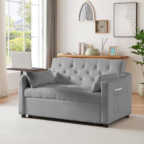 Eafurn 3 in 1 Convertible Sleeper Sofa Bed, Velvet Pull Out Couch Bed with Adjustable Backrest, Rotatable Side Table & 2 Side Pockets, Futon Loveseat Lounge Sofá for Living Room Apartment Office