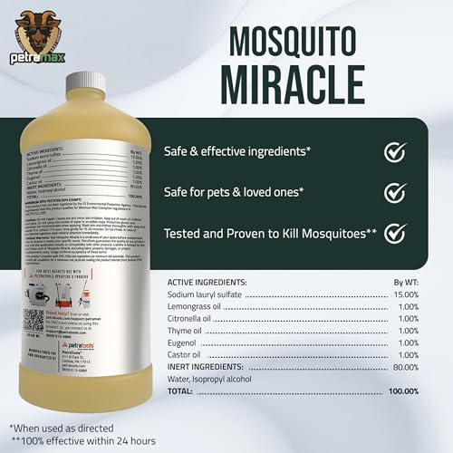 PetraMax Mosquito Miracle - Mosquito Spray for Yard, Mosquito Killer - Mosquito Fogger Liquid, Pet and Kid Safe Mosquito Yard Spray, Tested Formula - Mosquito Fogger Outdoor Spray, 32Oz