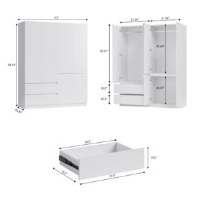 Mekminop Armoire Wardrobe Closet with Drawers and Doors, 4 Door 2 Drawers White Bedroom Armoires Wooden Wardrobe with Shelves and Hanging Rod, 20.39" D x 63" W x 78.74" H