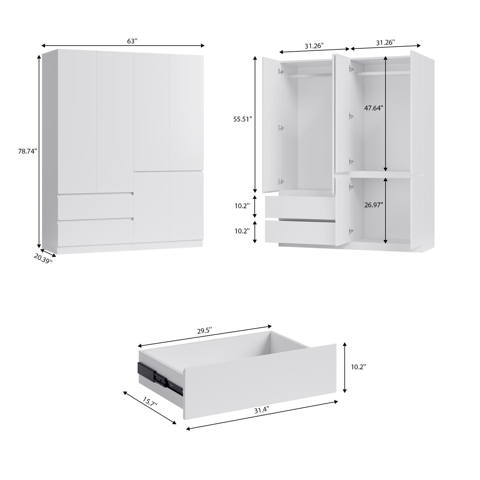 Mekminop Armoire Wardrobe Closet with Drawers and Doors, 4 Door 2 Drawers White Bedroom Armoires Wooden Wardrobe with Shelves and Hanging Rod, 20.39" D x 63" W x 78.74" H