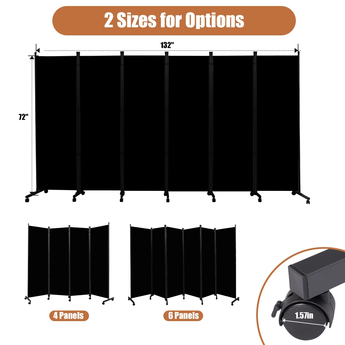 Room Divider Portable 132'' Partition Room Dividers and Folding Privacy Screens 6 Panel Wall Divider for Room Separation, Freestanding Fabric Room Divider Panel with Wheels for Home Office Hospital