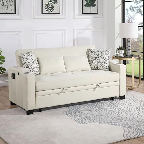 ERYE 3 in 1 Queen Size Upholstered Loveseat Sofabed Modern Functional Convertible Sleeper Sofa Bed with Pull Out Sleep Couch Daybed, Cupholders, USB Charging Ports,4 Pillows for Living Room