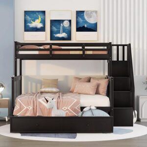 Harper & Bright Designs Twin Over Full Bunk Beds with Twin Size Trundle and Stairs, Wooden Bunk Bed with Storage & Guard Rail for Bedroom, Dorm, for Teens, Adults, Espresso