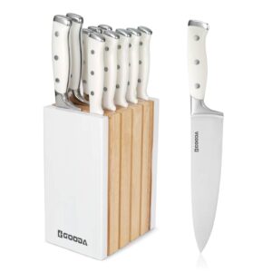 gooda knife set with block,11 pieces high carbon stainless steel kitchen knife set with wooden block,dishwasher safe cooking knives with sharp blade forged triple rivet ergonomic handle