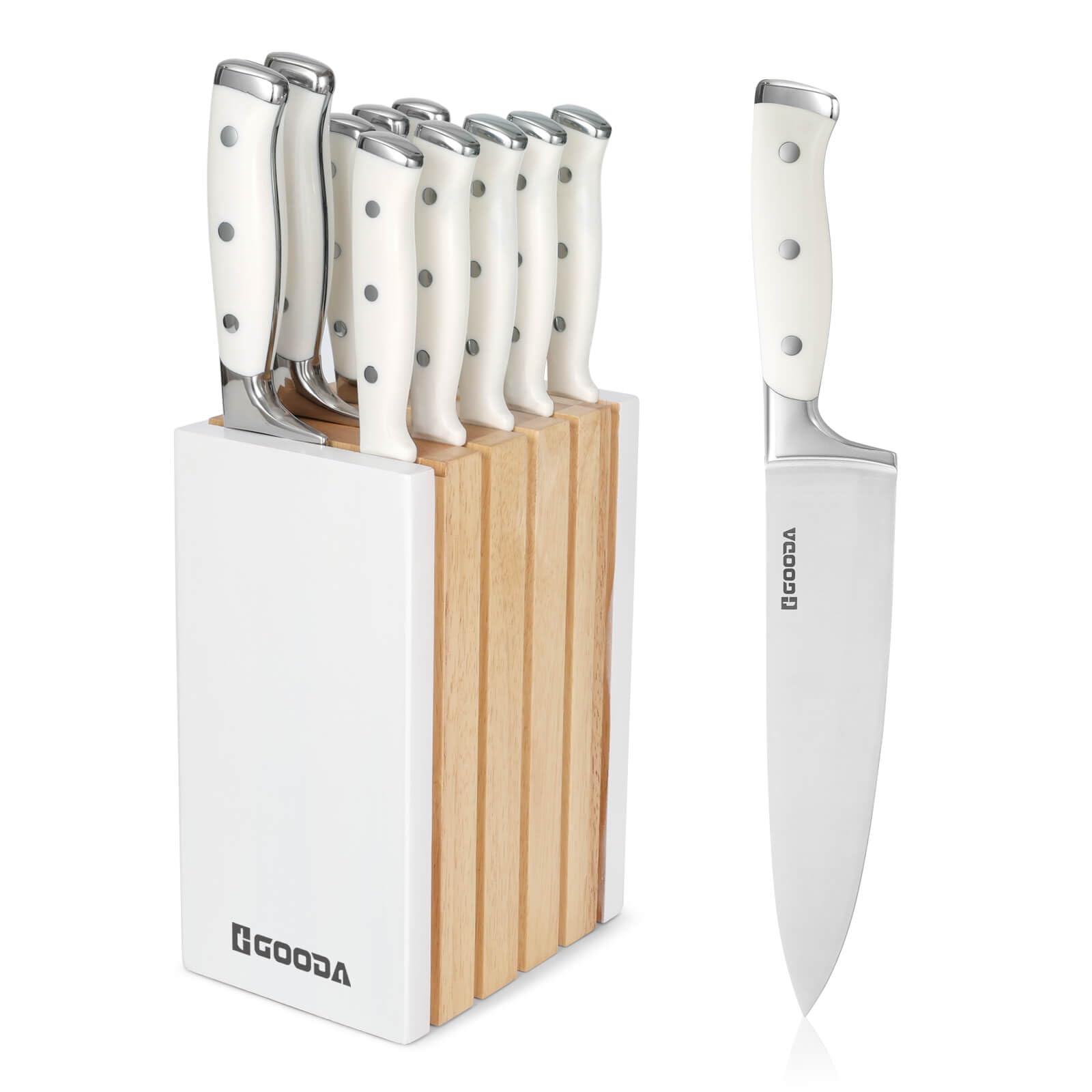 GOODA Knife Set with Block,11 Pieces High Carbon Stainless Steel Kitchen Knife set with Wooden Block,Dishwasher Safe Cooking Knives with Sharp Blade Forged Triple Rivet Ergonomic Handle