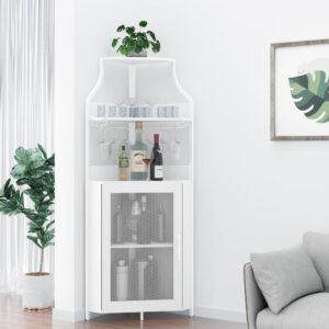 corner wine rack, bar cabinet with glass holder and storage shelves, baffle design, liquor cabinet with mesh door & adjustable shelf, home bar furniture for living room,small space white