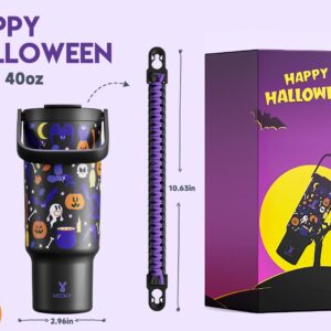 Meoky 40 oz Halloween Tumbler with Handle and Straw, Glow in the Dark Insulated Water Bottle, Stainless Steel Travel Mug, Keeps Cold for 34 Hours, Fits in Car Cup Holder (Haunted Pumpkin)