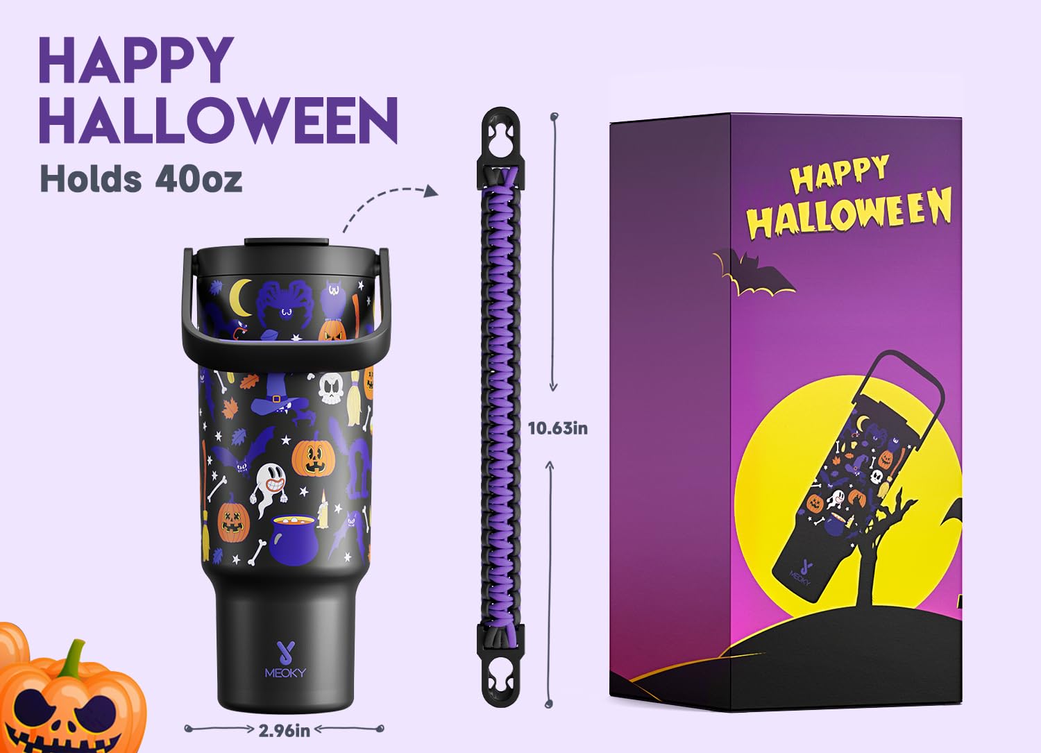 Meoky 40 oz Halloween Tumbler with Handle and Straw, Glow in the Dark Insulated Water Bottle, Stainless Steel Travel Mug, Keeps Cold for 34 Hours, Fits in Car Cup Holder (Haunted Pumpkin)