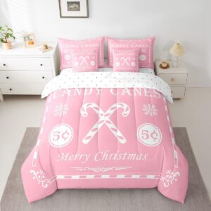 feelyou christmas bedding set 7 pieces king size kids christmas quote bedding set teens candy canes print comforter set xmas pink white bed in a bag （comforter, sheets, pillowcases & cushion covers）