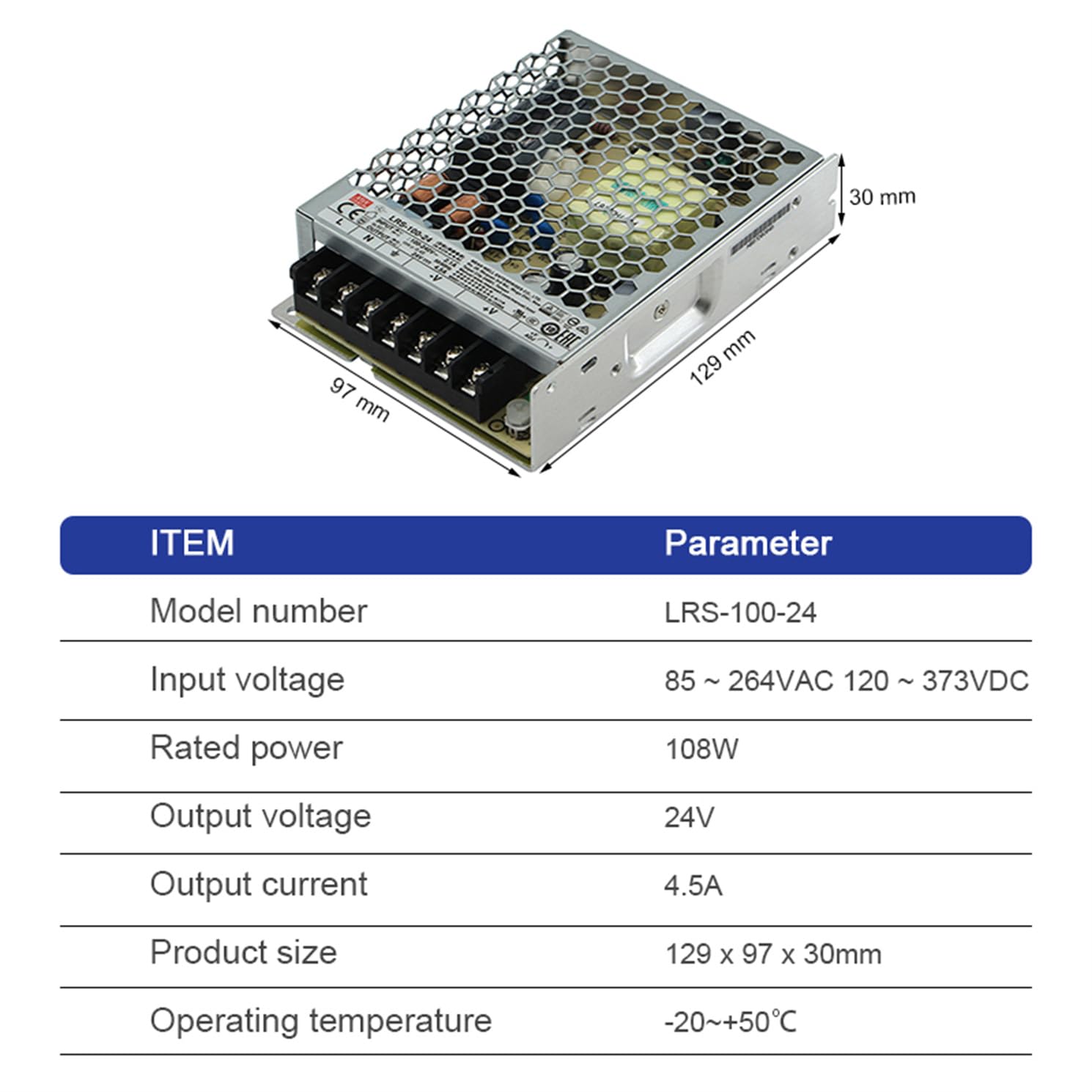 LRS-100-24 100W 24V 4.5A High Efficiency AC-DC Switching Power Supply - Wide Input Voltage, for Industrial Automation, LED Lighting, and Home Appliances