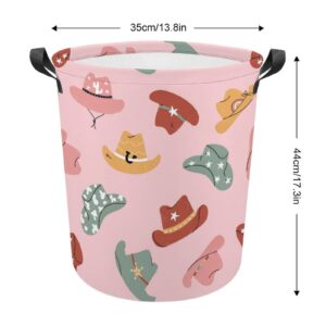 TsyTma Lovely Pink Cowgirl Hats Laundry Basket Small Collapsible Laundry Hamper with Handles Vintage Western Round Dirty Clothes Hampers for Laundry Bedroom Bathroom