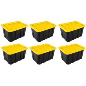 Sterilite 27 Gallon Industrial Stackable Storage Tote Snap-Fit Lidded Home Garage Organization Container with Carrying Handles, 6 Pack, Black/Yellow