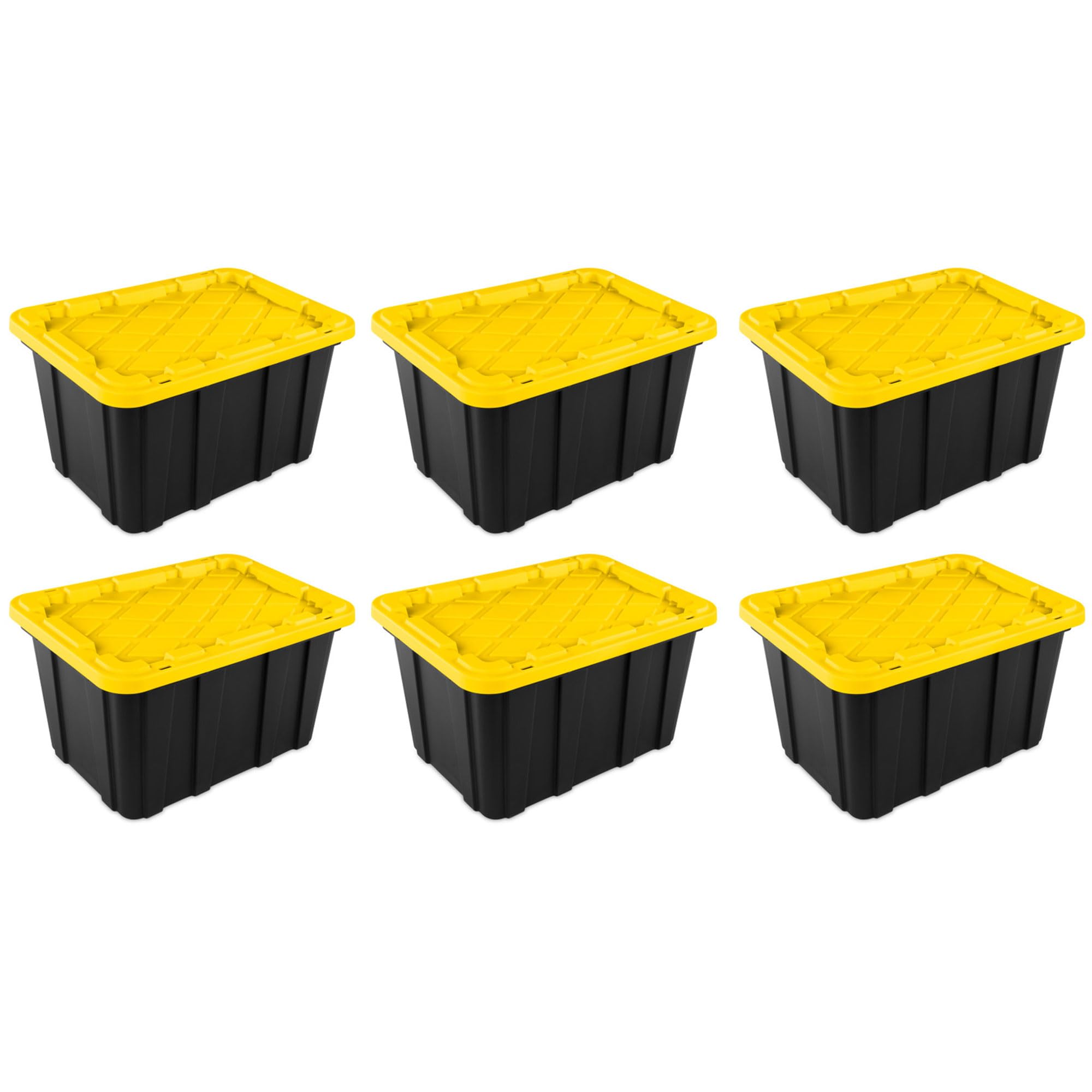 Sterilite 27 Gallon Industrial Stackable Storage Tote Snap-Fit Lidded Home Garage Organization Container with Carrying Handles, 6 Pack, Black/Yellow