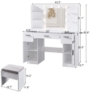 MECHYIN Vanity Desk, Make up Vanity Desk with Mirror and Lights, Vanity with Power Outlet and Stool, 3 Drawer 3 cabinets Storage Unit Dresser, Vanity with Lights 3 Models Settings for Bedroom (White)