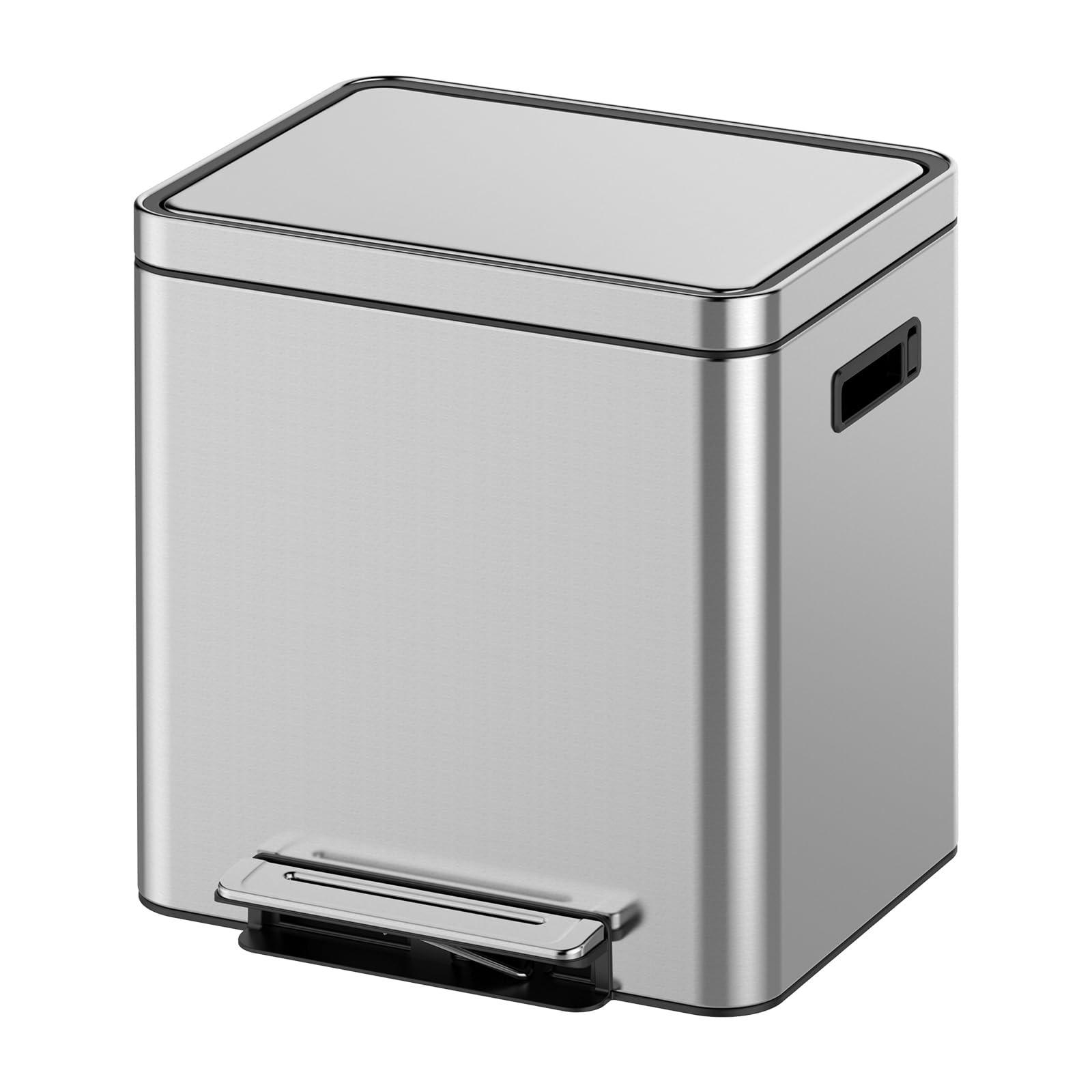 GarveeHome 30L/8 Gallon Dual Trash Can, Rectangular Waste Basket with Metal Lid & Step Foot Pedal, Double Compartment Classified Garbage Can, Stainless Steel Trash Can with Removable Inner Bucket