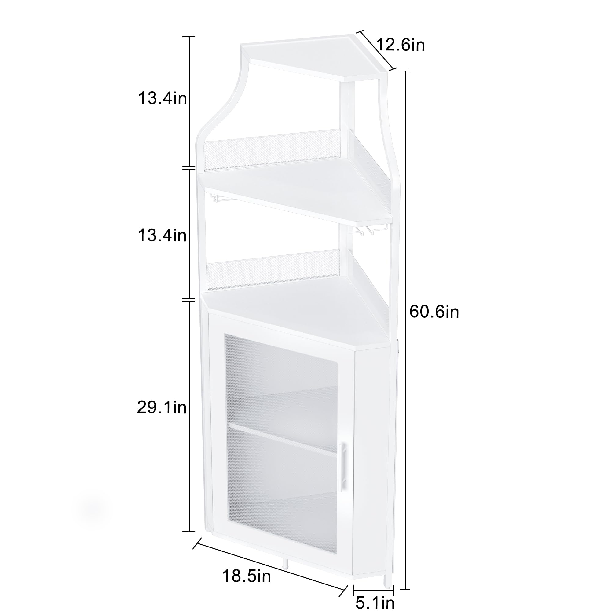 Corner Wine Rack, Bar Cabinet with Glass Holder and Storage Shelves, Baffle Design, Liquor Cabinet with Mesh Door & Adjustable Shelf, Home Bar Furniture for Living Room,Small Space White