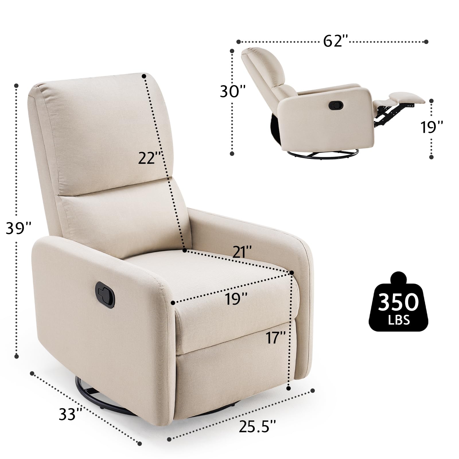 Jocisland Swivel Rocking Chair, Nursery Glider Recliner Chairs for Adults, Rocker for Living Room Bedroom, Comfy Upholstered Modern Nursing Reclining Single Sofa, Beige Linen