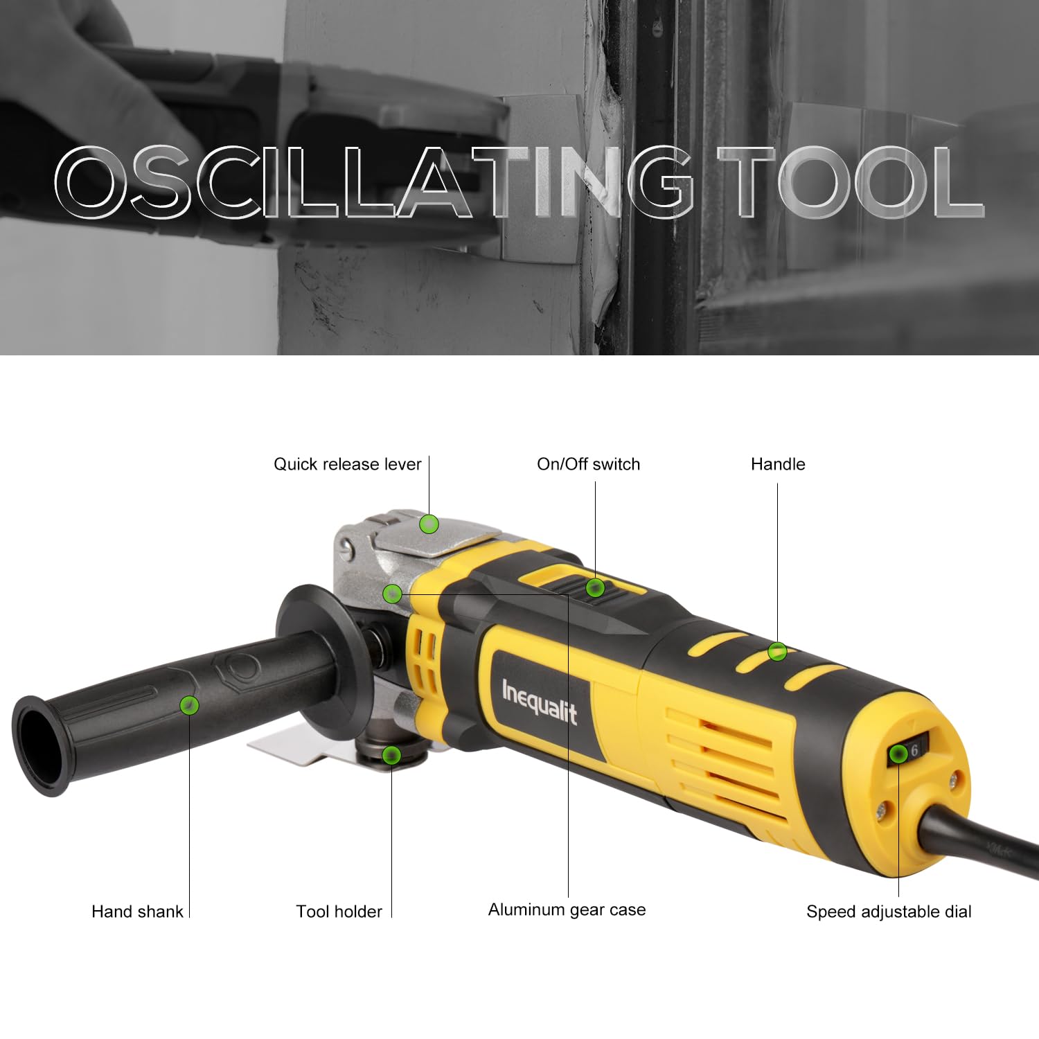 Inequalit Oscillating Tool, 3.5A Oscillating Multi Tool Kit with 6 Variable Speed, 4° Oscillation Angle, Quick Release System and 30-Piece Accessory Set for Cutting, Sanding, Grinding