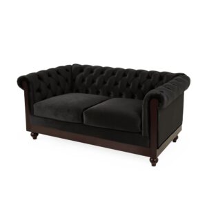 LUMISOL 59" Chesterfield Loveseat with Rolled Arms, Modern Velvet Sofa 2-Seater Tufted Couch with Nailhead and Solid Wood Legs for Living Room, Bedroom, Office, Black