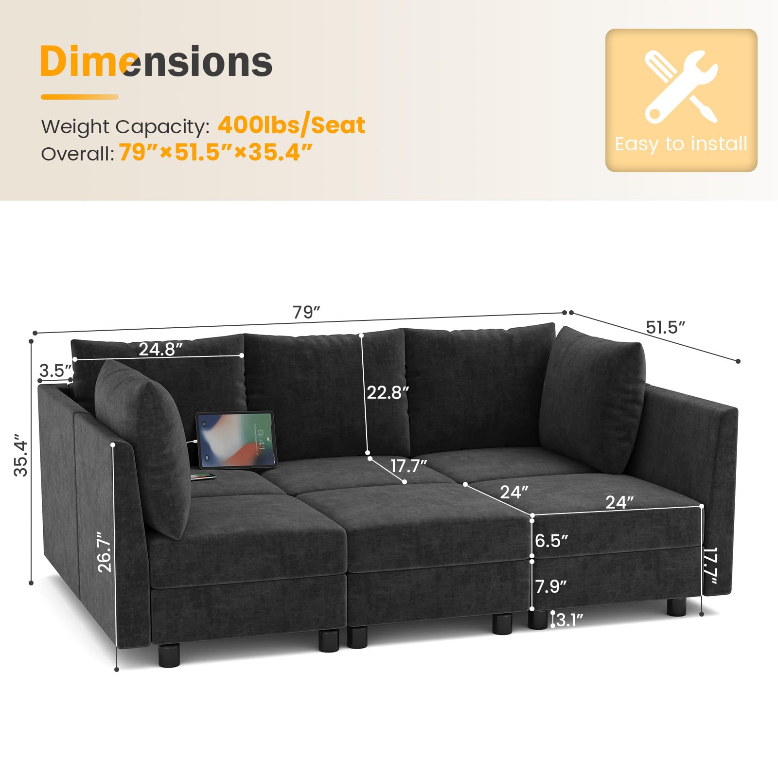 Apicizon Modular Sectional Sleeper Sofa, 6 Seats Sleeper Couch with Storage Ottomans, Modern Chenille Sofa Set with USB Charging Ports, Comfy Bed Couches with Chaise for Living Room, Dark Gray