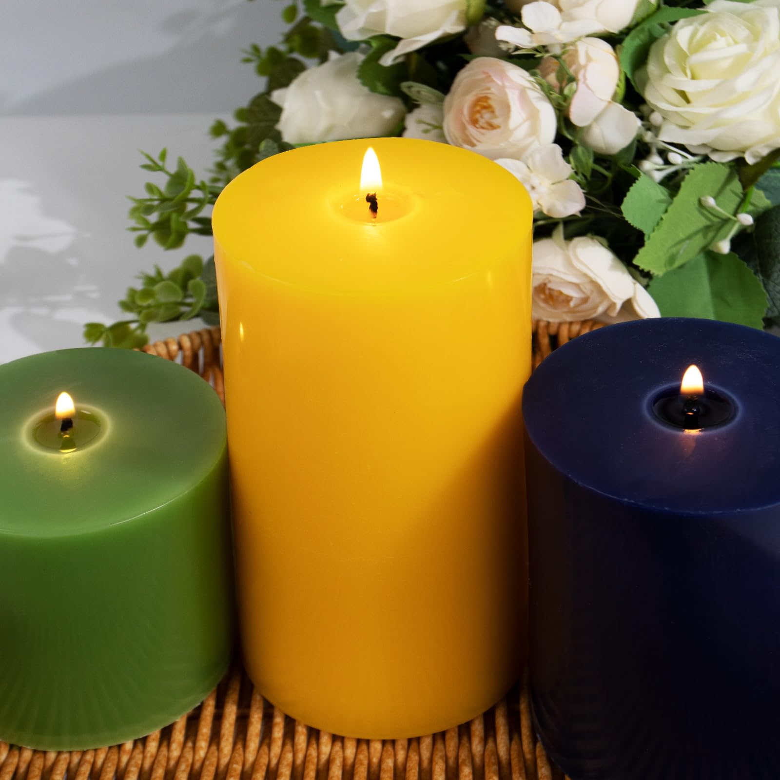 KONNI Yellow Pillar Candles Set of 3, 3"x 6" Unscented Pillar Candles Bulk, 56 Hours Long Burning Candles, Smokeless&Dripless Large Round Candle for Wedding, Home Decoration, Parties, Spas, Dinner