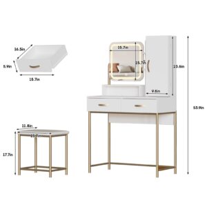 Fameill Vanity Desk with Mirror and Lights, White Makeup Table and Chair Set with 2 Storage Drawers&Cabinet&Shelves, Small Vanity Desk for Bedroom, 3 Lighting Mode