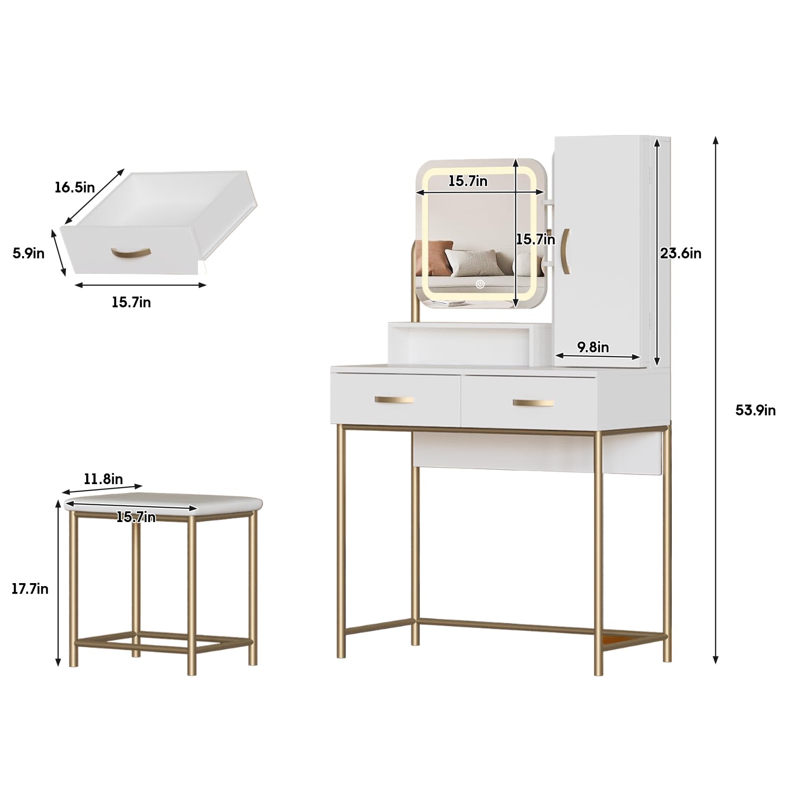 Fameill Vanity Desk with Mirror and Lights, White Makeup Table and Chair Set with 2 Storage Drawers&Cabinet&Shelves, Small Vanity Desk for Bedroom, 3 Lighting Mode