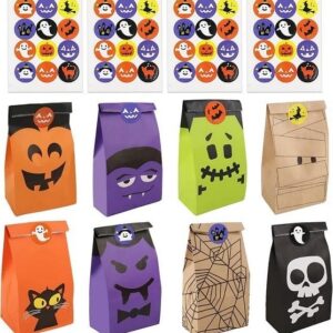 Tort-Mangou 40 Pcs Halloween Candy Treat Bags with 40 Halloween Theme Stickers Halloween Paper Favor Bags Halloween Paper Candy Goody Bags Trick or Treat Bags for Kids Mini Paper Gift Bags for Treats Snacks, Halloween Goodie Bags Party Supplies (Multicolo