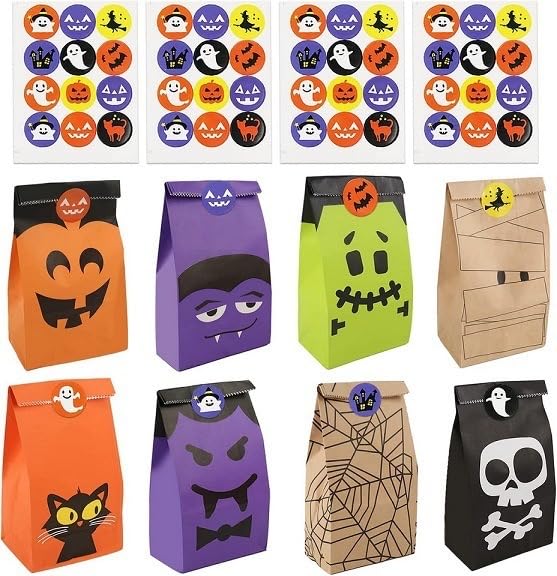 Tort-Mangou 40 Pcs Halloween Candy Treat Bags with 40 Halloween Theme Stickers Halloween Paper Favor Bags Halloween Paper Candy Goody Bags Trick or Treat Bags for Kids Mini Paper Gift Bags for Treats Snacks, Halloween Goodie Bags Party Supplies (Multicolo