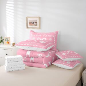 Feelyou Christmas Bedding Set 7 Pieces King Size Kids Christmas Quote Bedding Set Teens Candy Canes Print Comforter Set Xmas Pink White Bed in a Bag （Comforter, Sheets, Pillowcases & Cushion Covers）