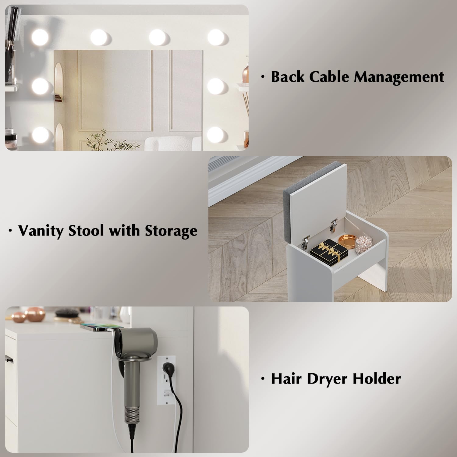 MECHYIN Vanity Desk, Make up Vanity Desk with Mirror and Lights, Vanity with Power Outlet and Stool, 3 Drawer 3 cabinets Storage Unit Dresser, Vanity with Lights 3 Models Settings for Bedroom (White)