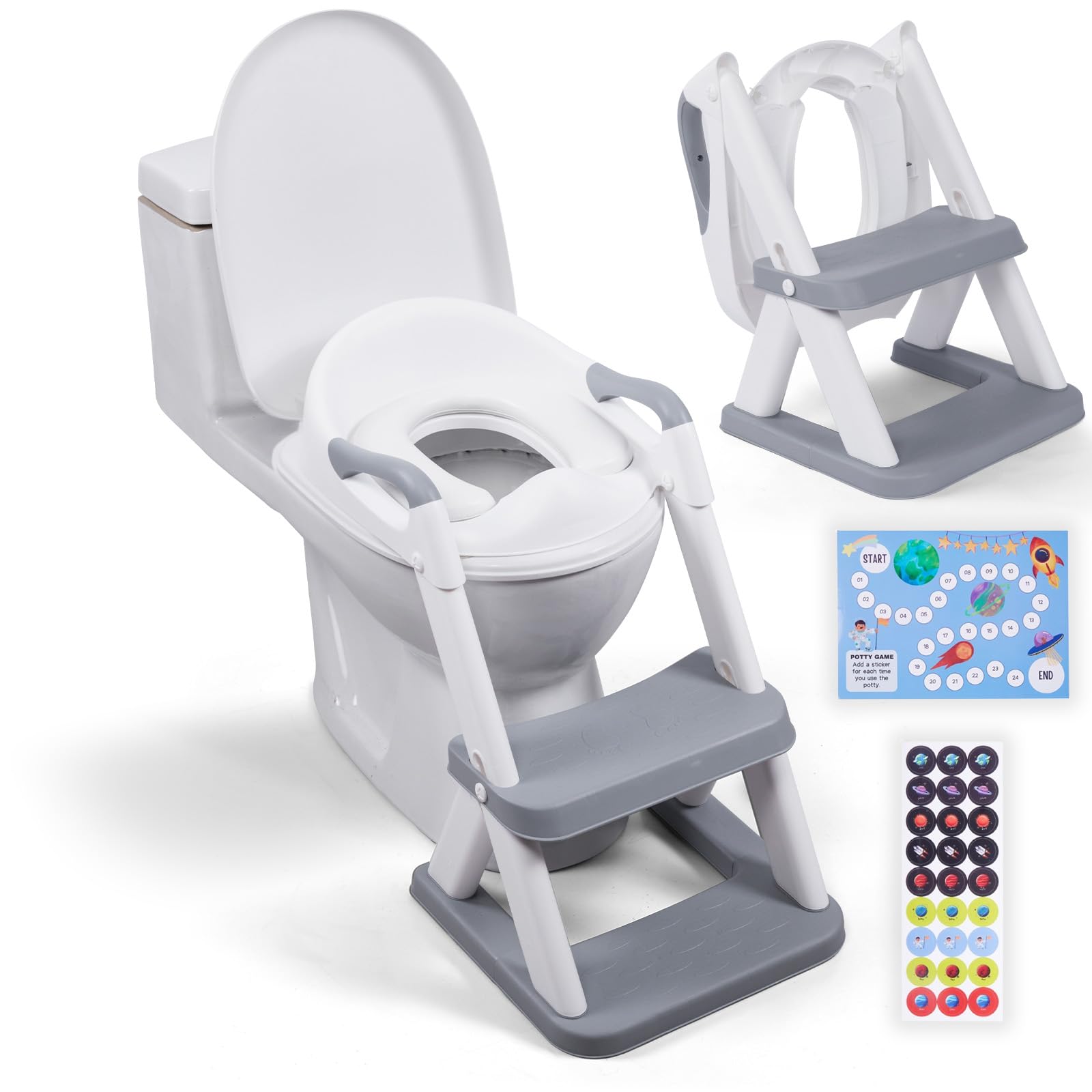 EzyWay Potty Training Seat with training stickers, upgraded Toddler training Seat for Kids Boys & Girls, 2 in 1 Potty Training Toilet for Kids with Splash Guard Anti-Slip Pad Step Stool (Gray)