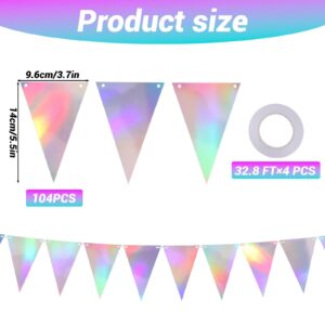 Iridescent Triangle Pennant Banner Flag Bunting Garland Party Hanging Flags Holographic Decorations for Birthday Anniversary Wedding Bridal Baby Shower Disco Party Decoration Supplies(40 FT)