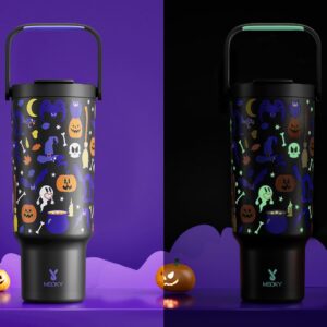 Meoky 40 oz Halloween Tumbler with Handle and Straw, Glow in the Dark Insulated Water Bottle, Stainless Steel Travel Mug, Keeps Cold for 34 Hours, Fits in Car Cup Holder (Haunted Pumpkin)