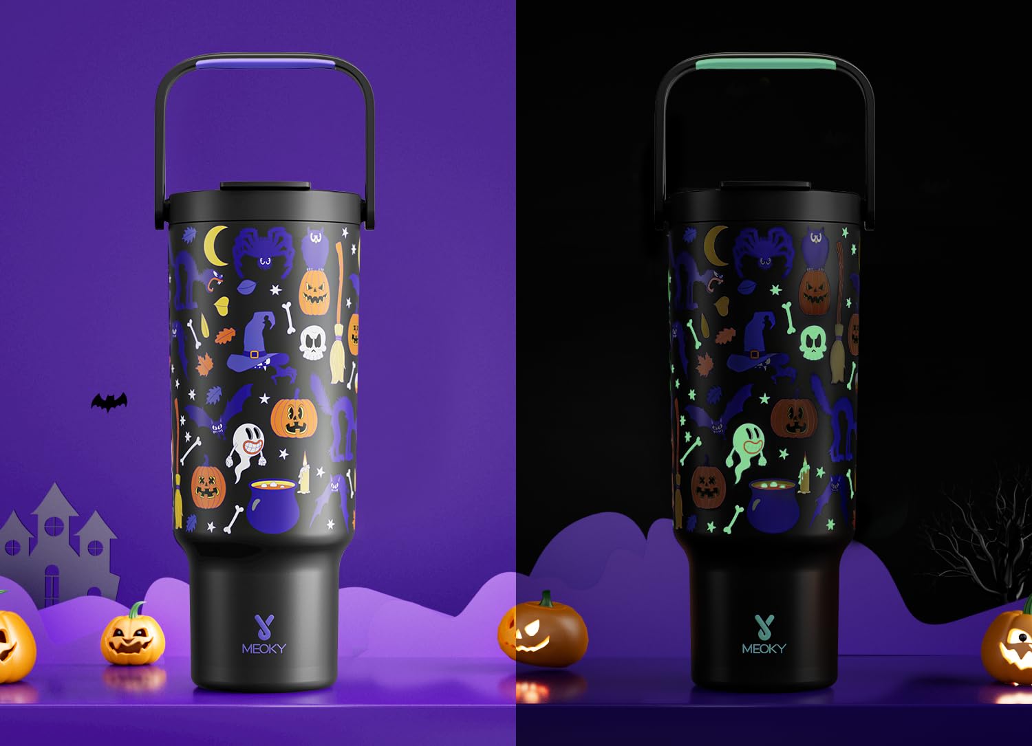 Meoky 40 oz Halloween Tumbler with Handle and Straw, Glow in the Dark Insulated Water Bottle, Stainless Steel Travel Mug, Keeps Cold for 34 Hours, Fits in Car Cup Holder (Haunted Pumpkin)