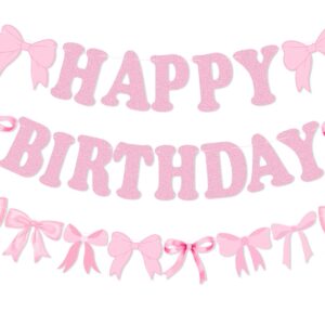 Bow Happy Birthday Banner Garland, Pre-Strung Pink Coquette Bow Birthday Banner for Girls Bow Birthday Party Decorations, Coquette Birthday Decortions, Bow Party Decorations