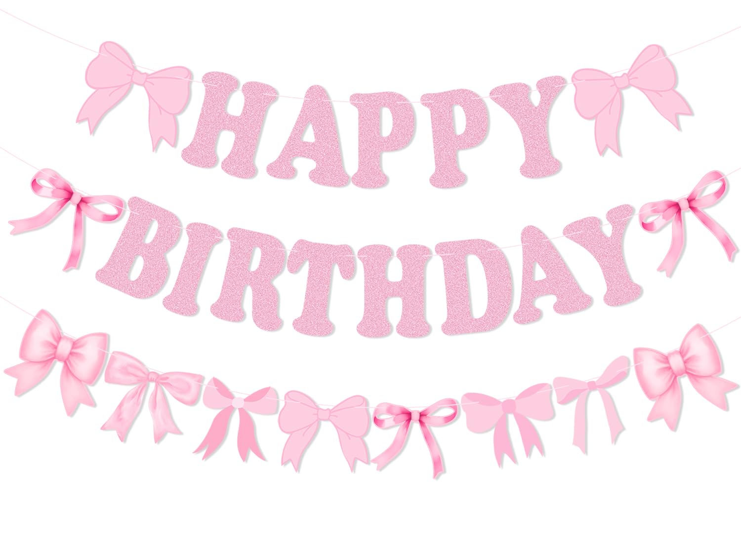 Bow Happy Birthday Banner Garland, Pre-Strung Pink Coquette Bow Birthday Banner for Girls Bow Birthday Party Decorations, Coquette Birthday Decortions, Bow Party Decorations