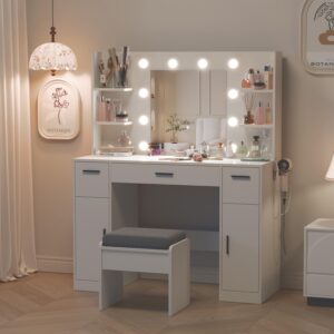 MECHYIN Vanity Desk, Make up Vanity Desk with Mirror and Lights, Vanity with Power Outlet and Stool, 3 Drawer 3 cabinets Storage Unit Dresser, Vanity with Lights 3 Models Settings for Bedroom (White)