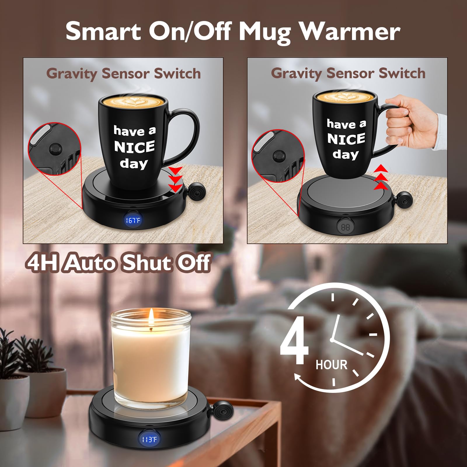 Coffee Mug Warmer & Mug Set, 60W Coffee Cup Warmer for Desk Home Office Use with 4-Temperature Settings, Auto On/Off Gravity-Induction, 14Oz Mug, Great Coffee Gift on Christmas/Birthday, 2024 Upgrade