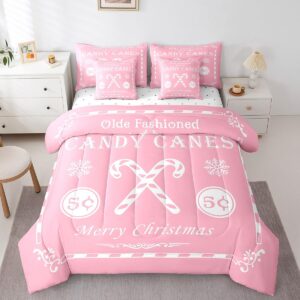 Feelyou Christmas Bedding Set 7 Pieces King Size Kids Christmas Quote Bedding Set Teens Candy Canes Print Comforter Set Xmas Pink White Bed in a Bag （Comforter, Sheets, Pillowcases & Cushion Covers）