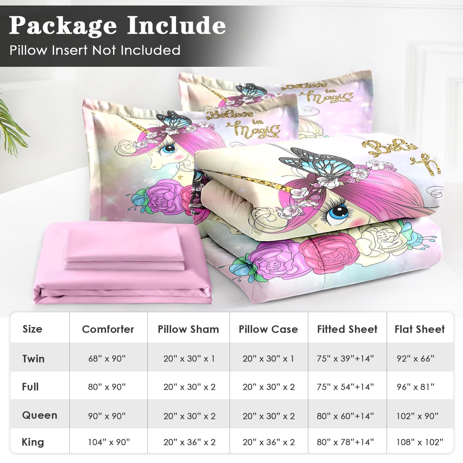 WeCozy 7 Pcs Full Size Comforter Set with 2 Pillowcases & 2 Shams, Cute Unicorn Butterfly Bedding Set for Kids and Adults, Princess Flower Horse Bed in a Bag with Flat Sheet and Fitted Sheet